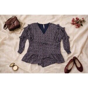 Storia Floral Prairie Romper Cottagecore Boho Ruffle Sleeve Dress Romper L